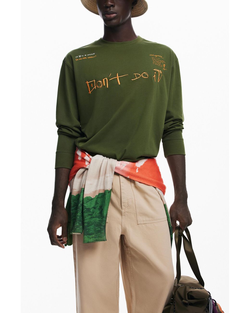 Desigual Green Long-Sleeve Message T-Shirt, Cotton for men