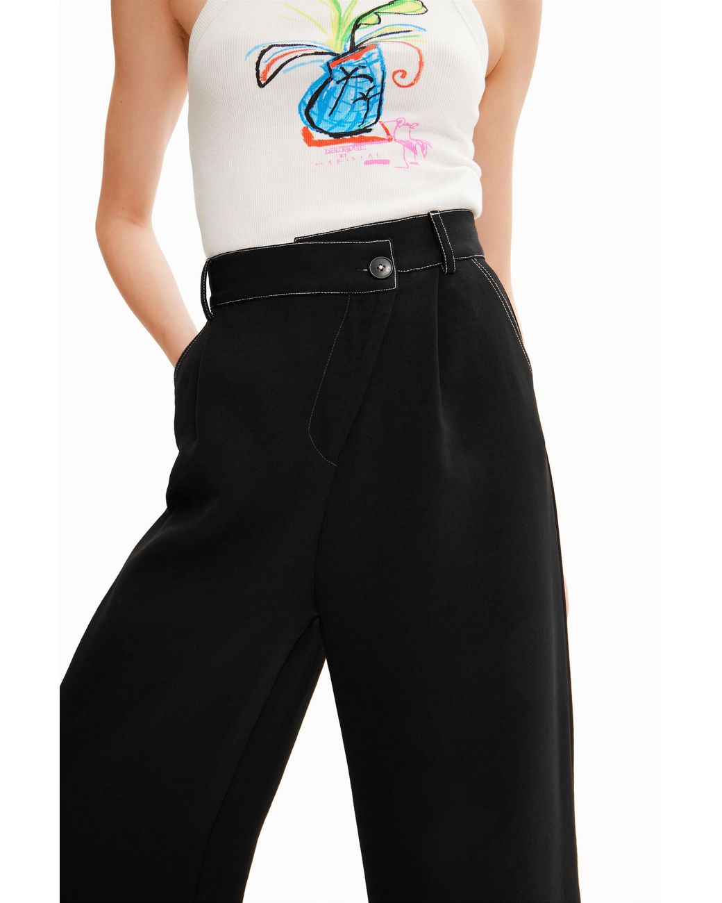Desigual Black Twisted Trousers With Pleats, Polyester