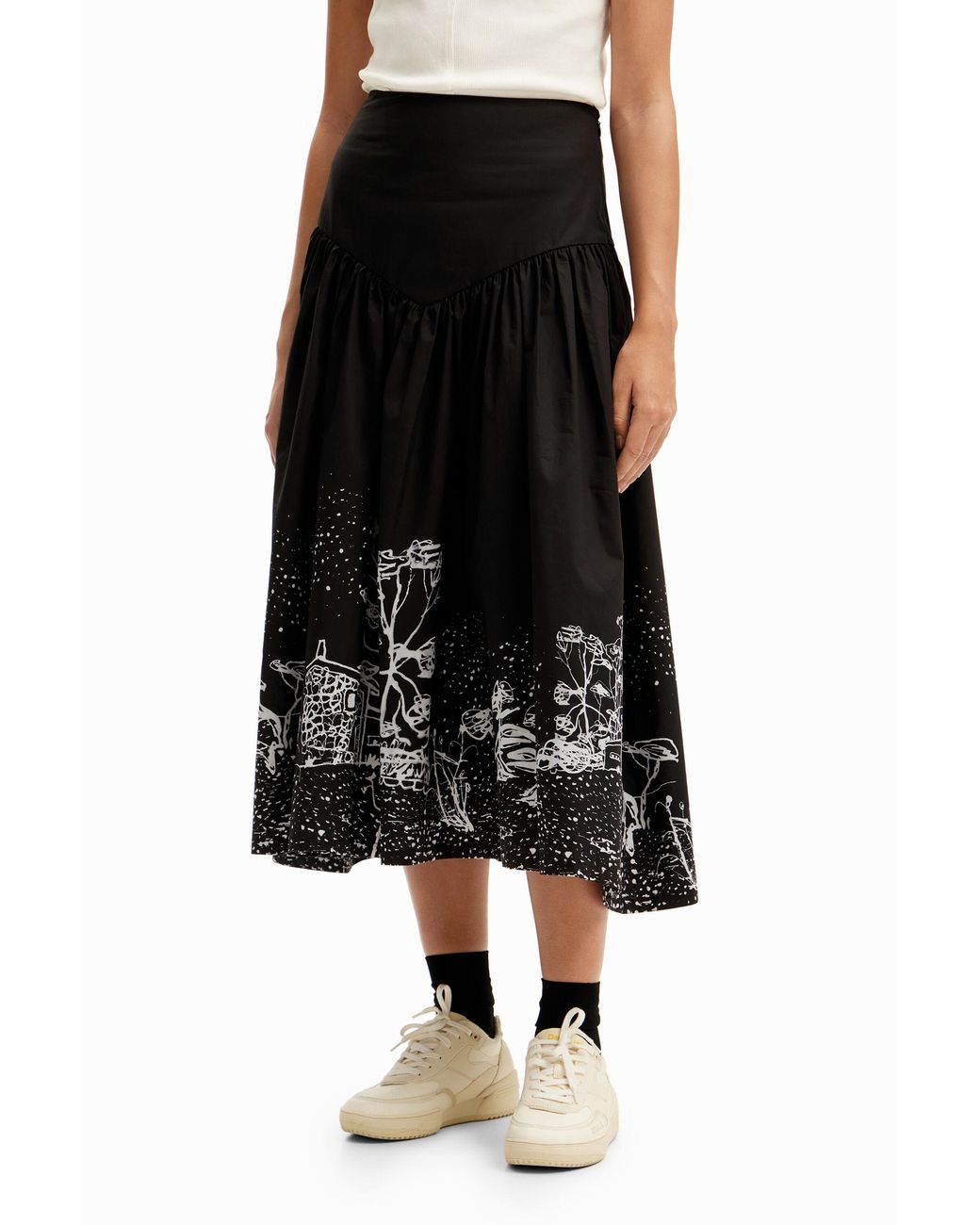 Desigual Black Poplin Landscape Midi Skirt, Cotton
