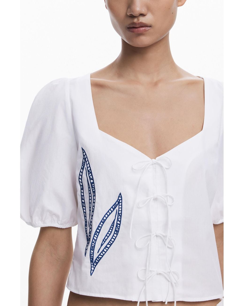 Desigual White Embroidered Puff-Sleeve Blouse, Cotton