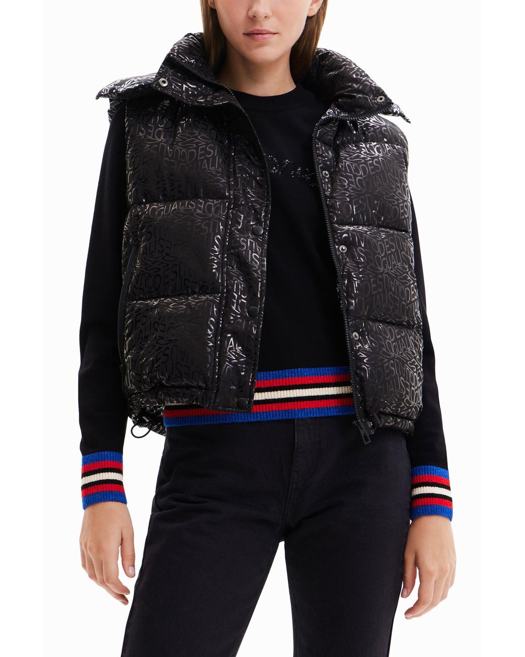 Desigual Black Logo Quilted Gilet, Polyester