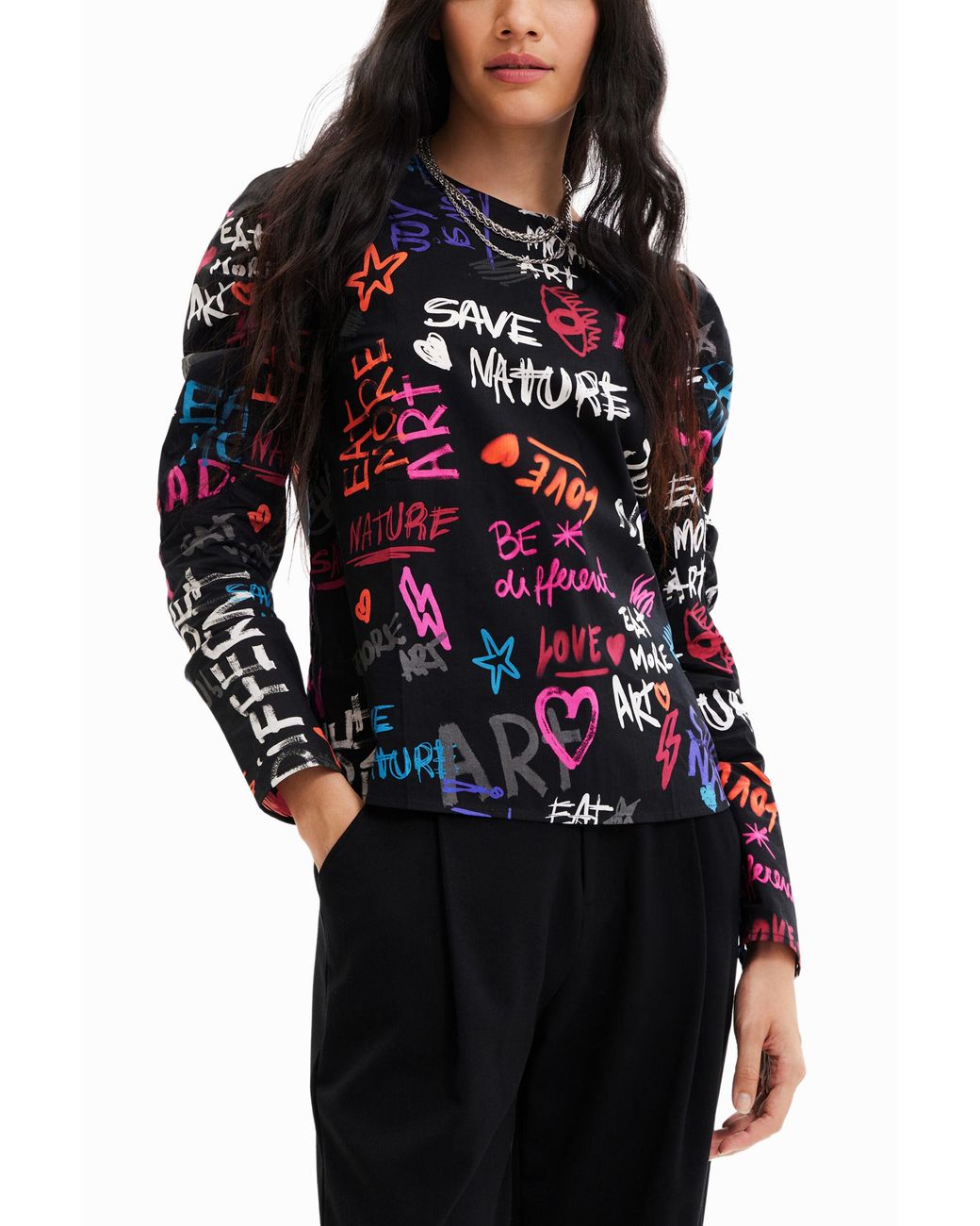 Desigual Blue Balloon-Sleeve Blouse With Text, Cotton