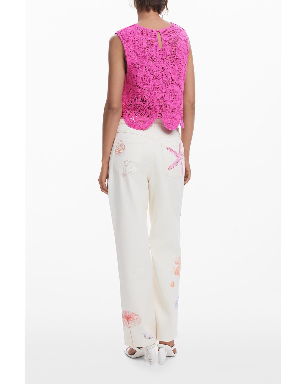 Desigual Pink Cropped Crochet Top, Cotton