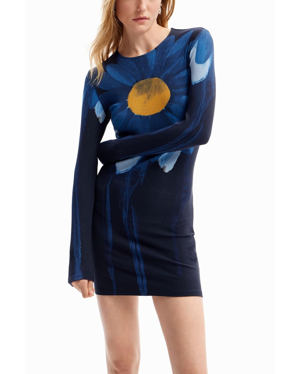 Desigual Blue Ribbed Daisy Mini Dress, Viscose