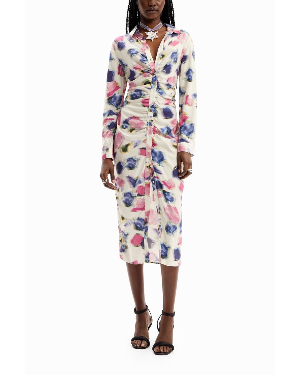 Desigual White Gathered Midi Shirt Dress, Viscose