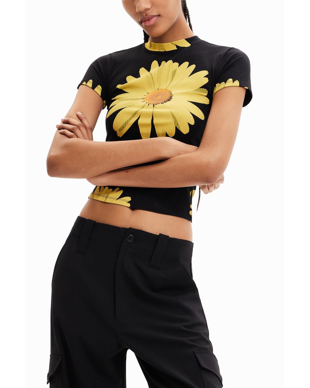Desigual Black Ribbed Daisy T-Shirt, Viscose