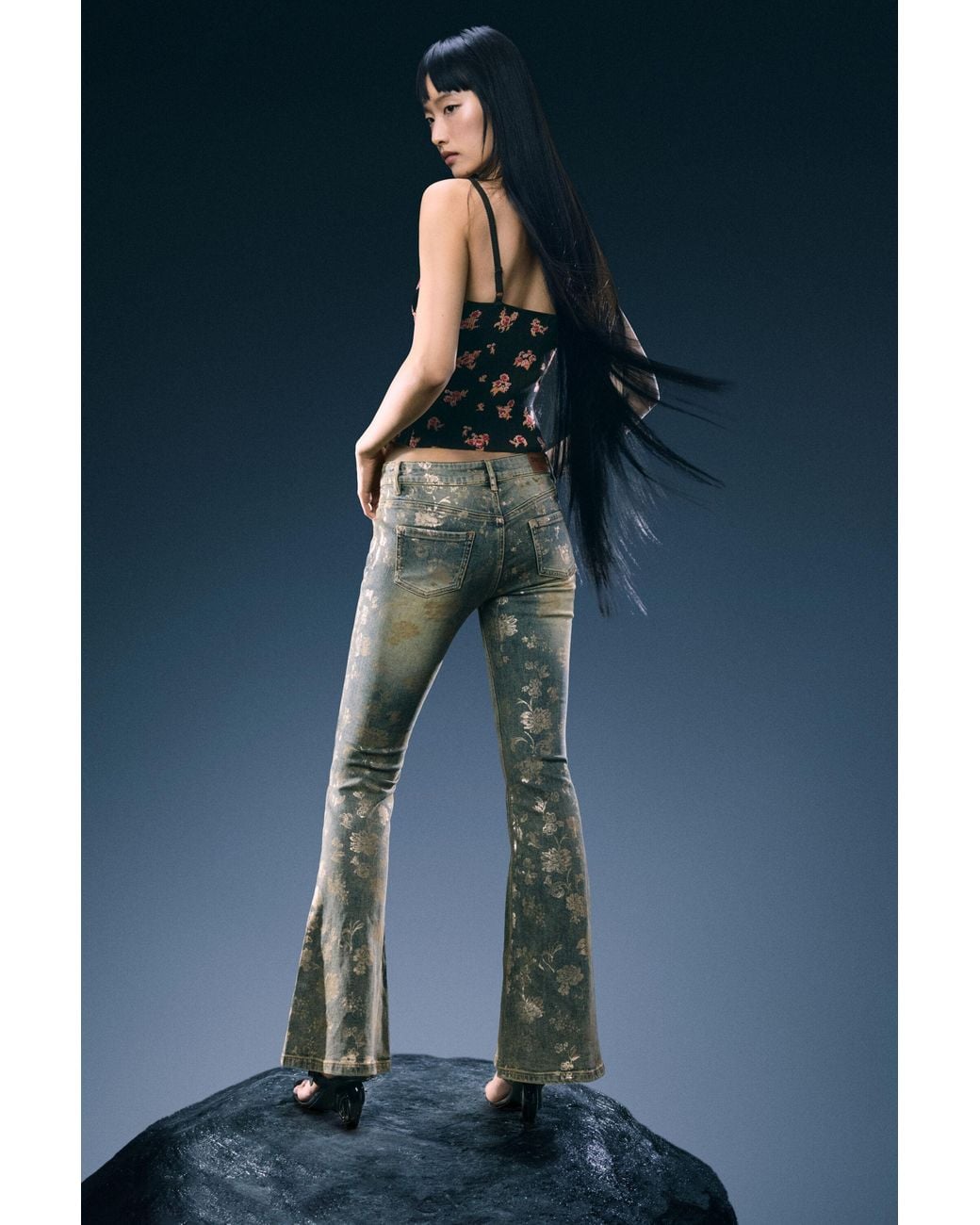 Desigual Blue Printed Flare Jeans, Cotton