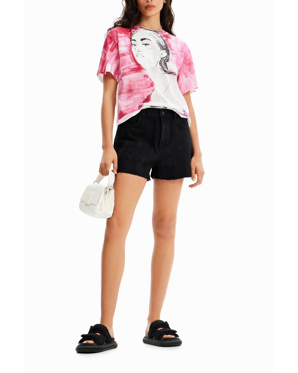 Desigual Black Embroidered Denim Shorts, Cotton