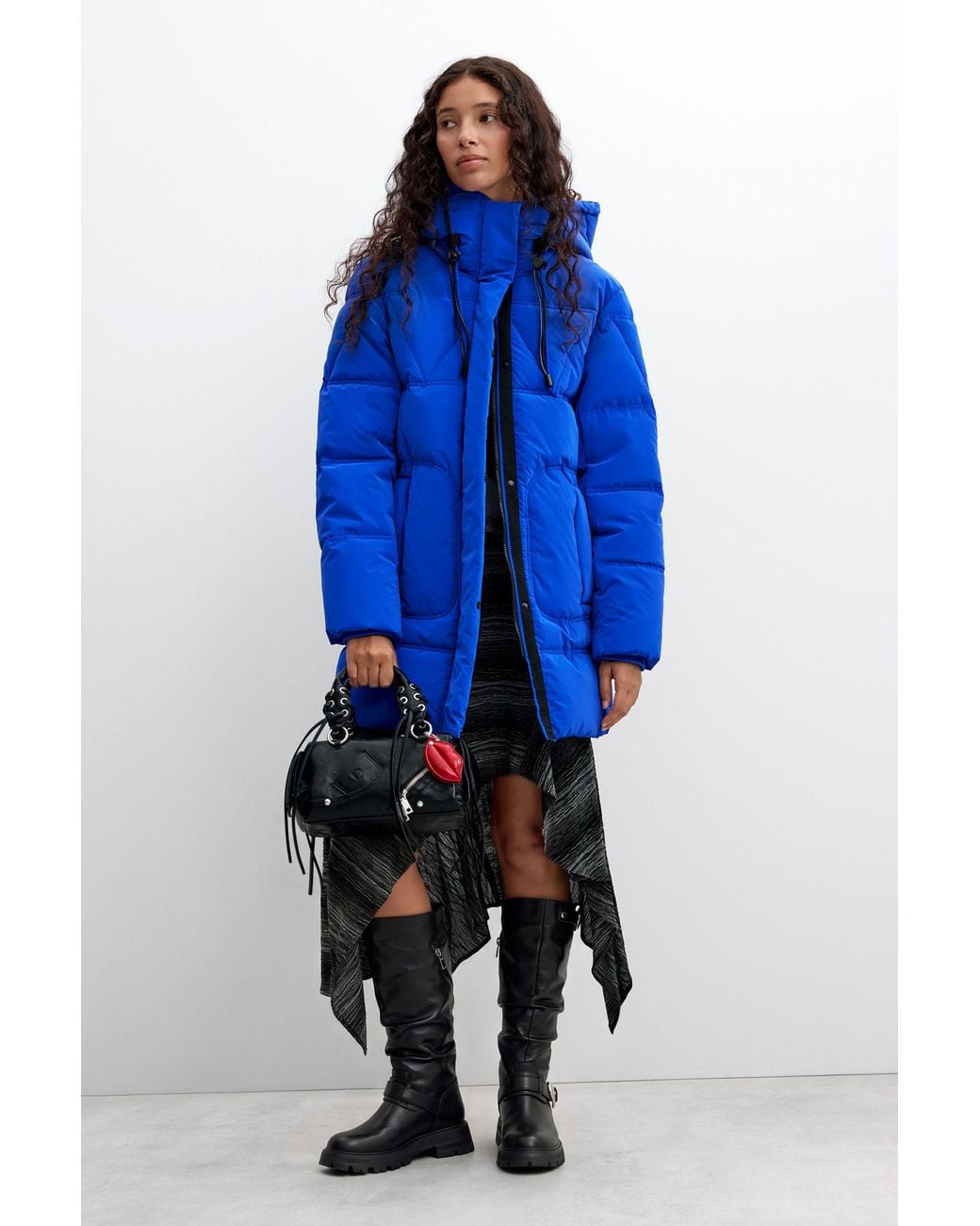 Desigual Blue Long Padded Coat, Polyurethane