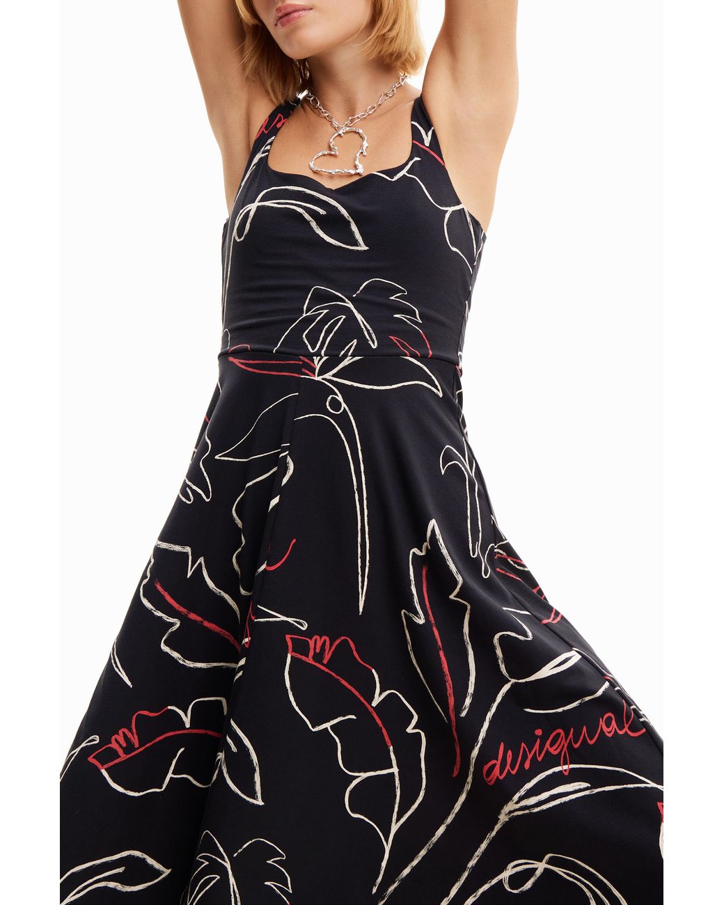 Desigual Black Tropical Strappy Knit Dress, Cotton