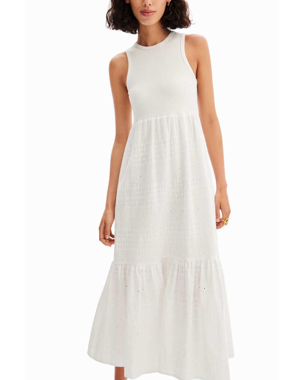 Desigual White Long Embroidered Combination Dress