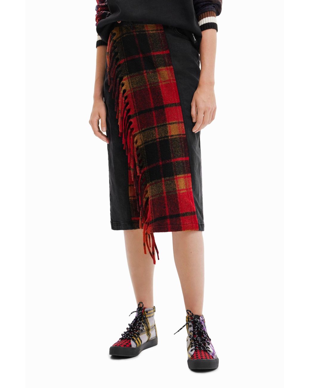 Desigual Red Tartan Denim Midi Skirt, Cotton