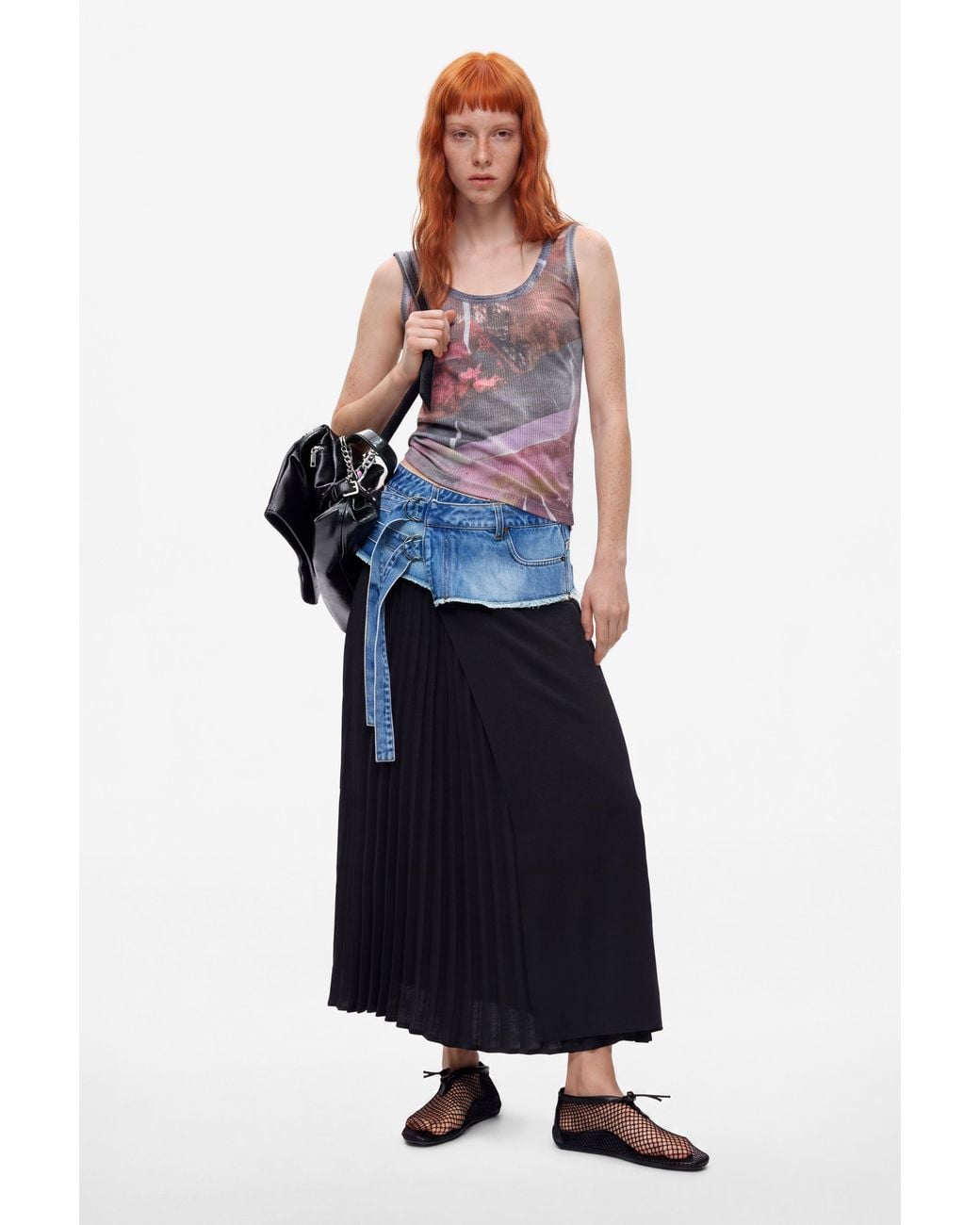 Desigual White Long Pleated Denim Skirt