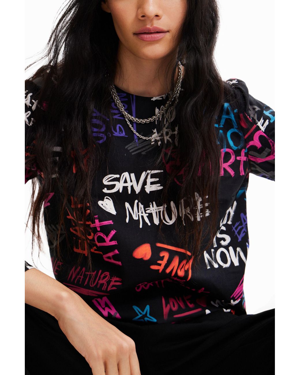 Desigual Blue Balloon-Sleeve Blouse With Text, Cotton