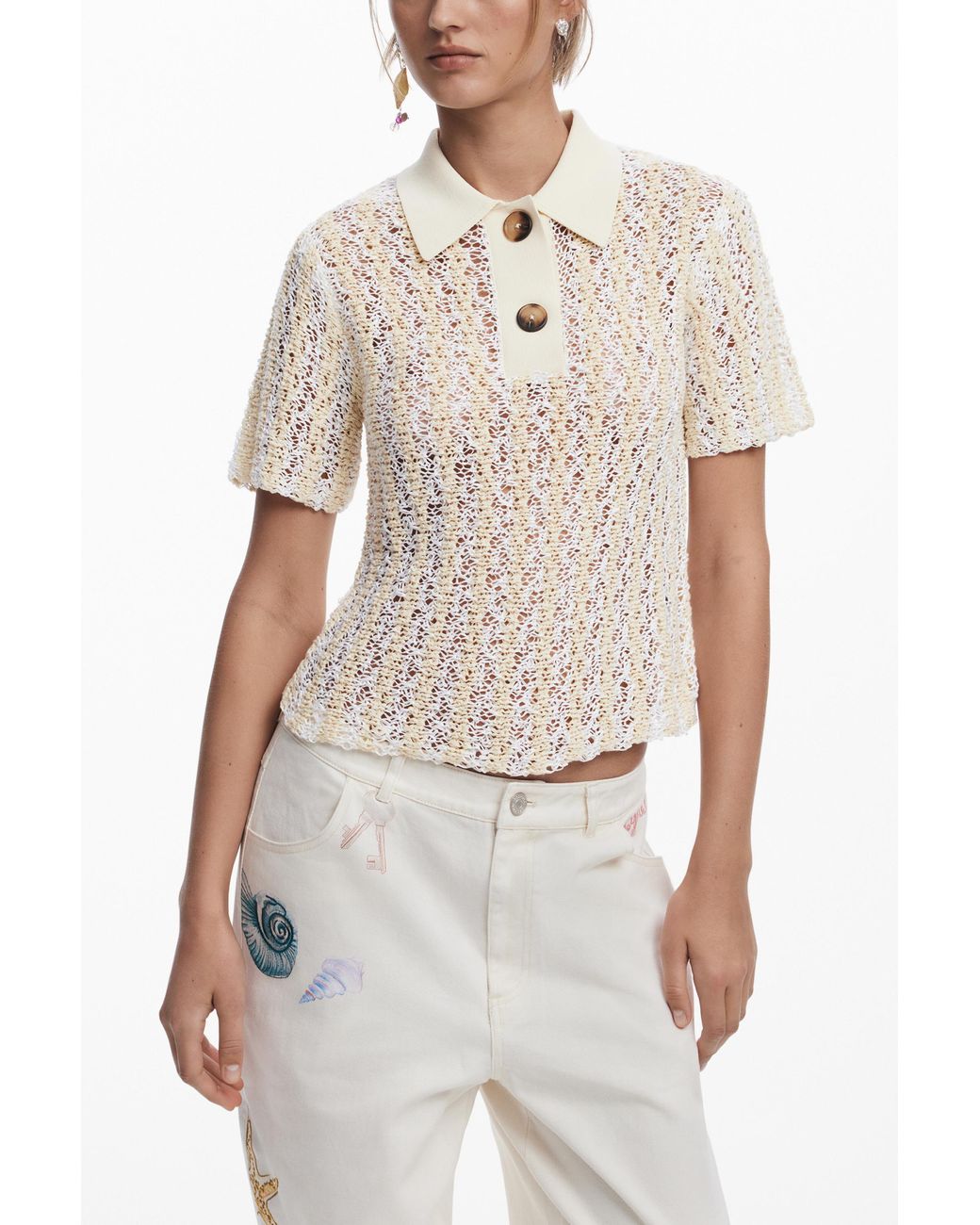 Desigual White Straight Pants With Sea Stars, Cotton