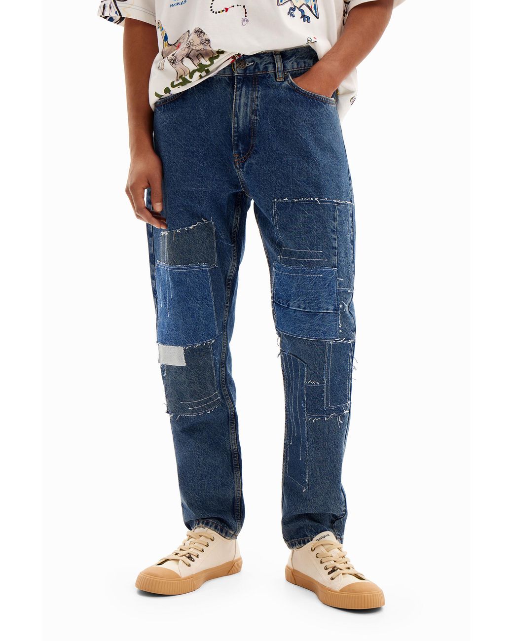 Desigual Blue Patchwork Carrot Jeans, Cotton for men