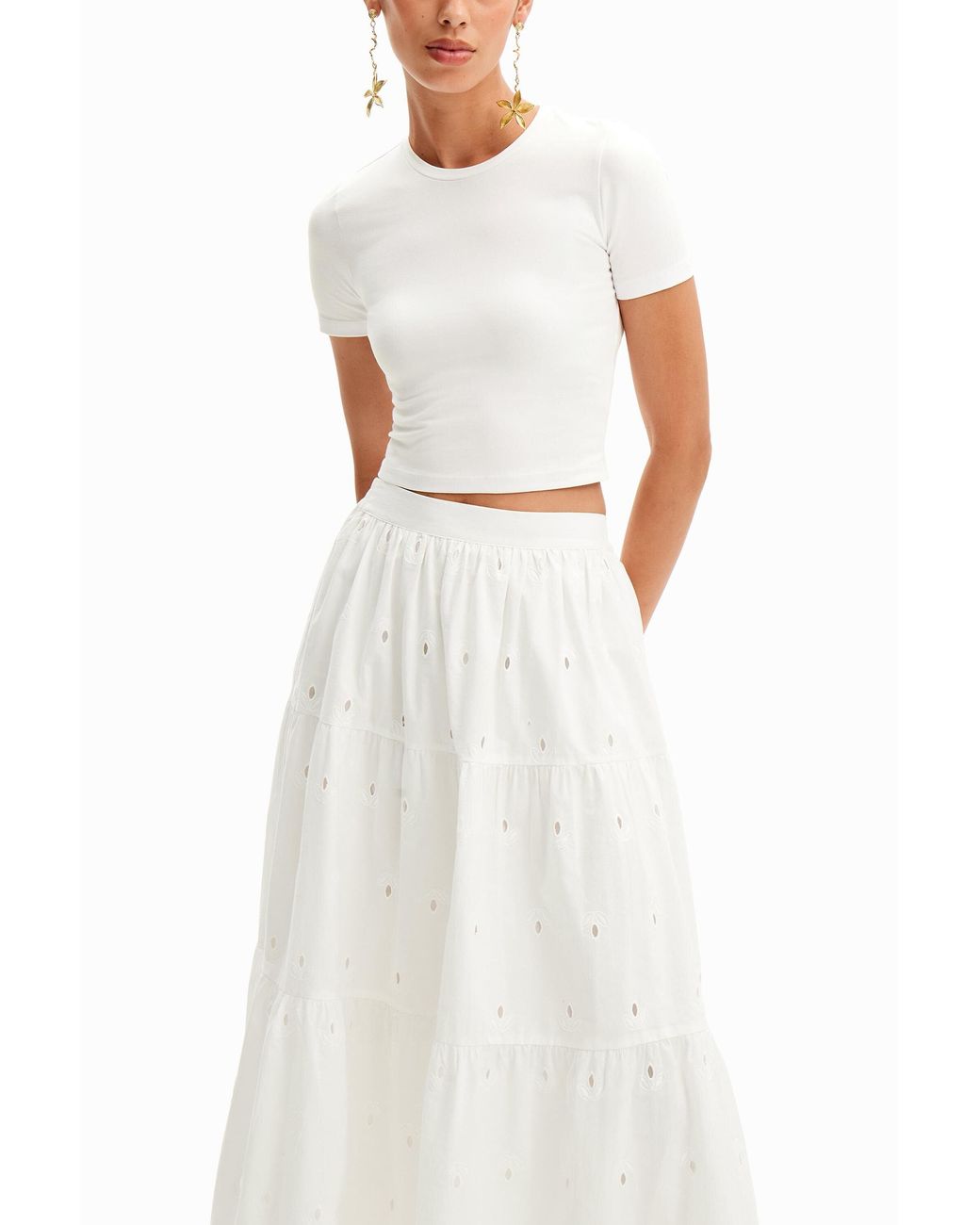 Desigual White Swiss Embroidery Midi Skirt, Cotton