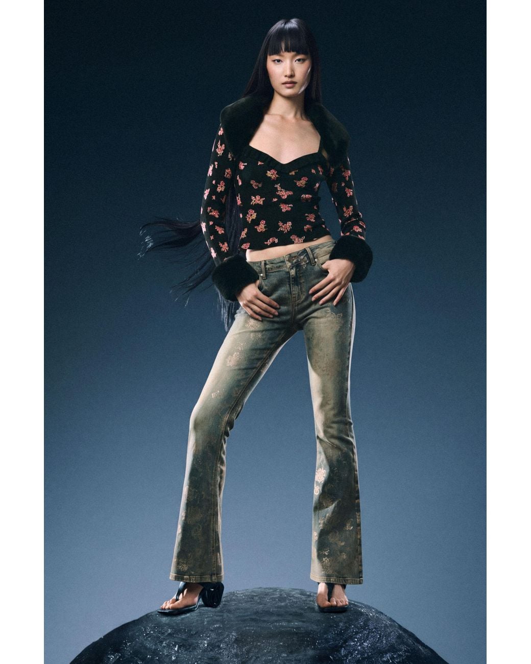Desigual Blue Printed Flare Jeans, Cotton