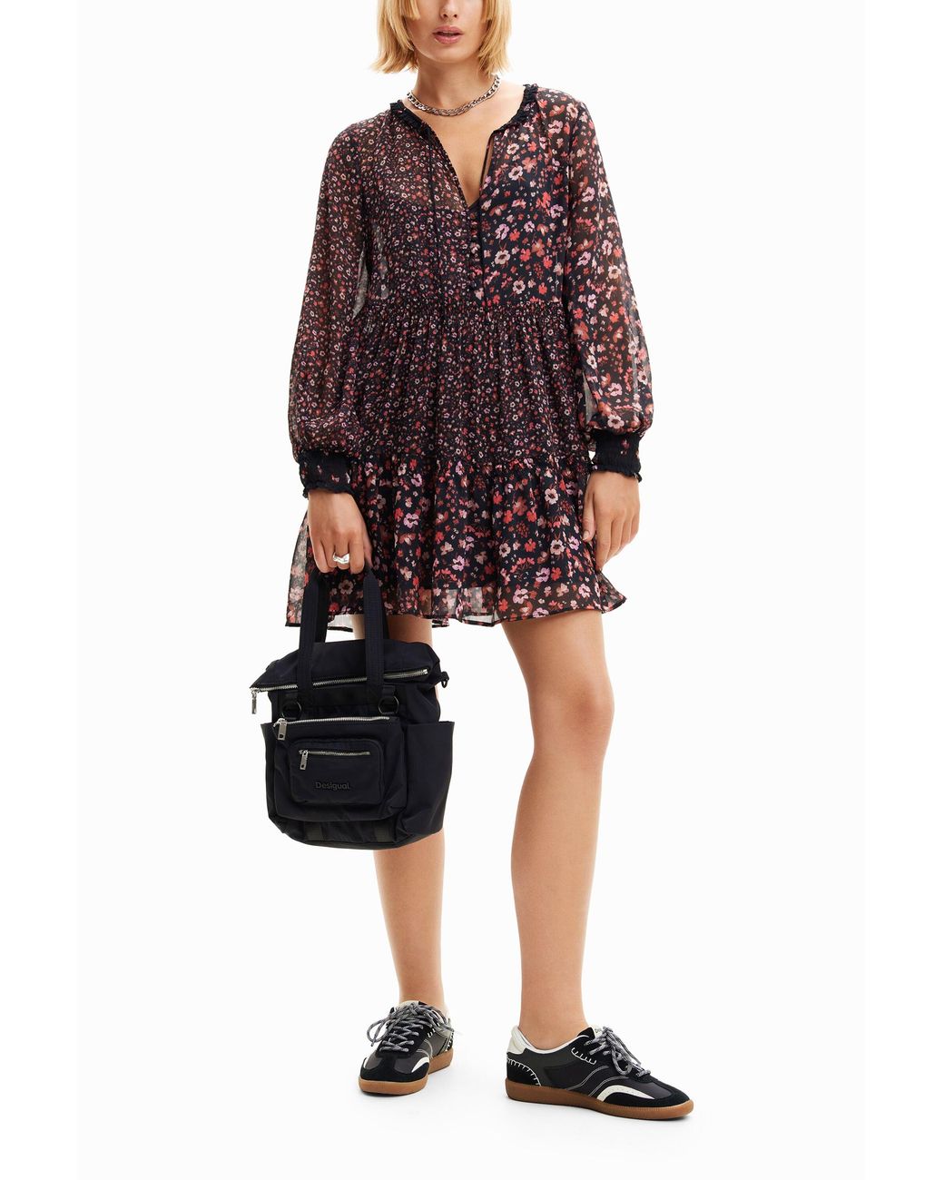 Desigual Purple Short Floral Chiffon Dress, Polyester