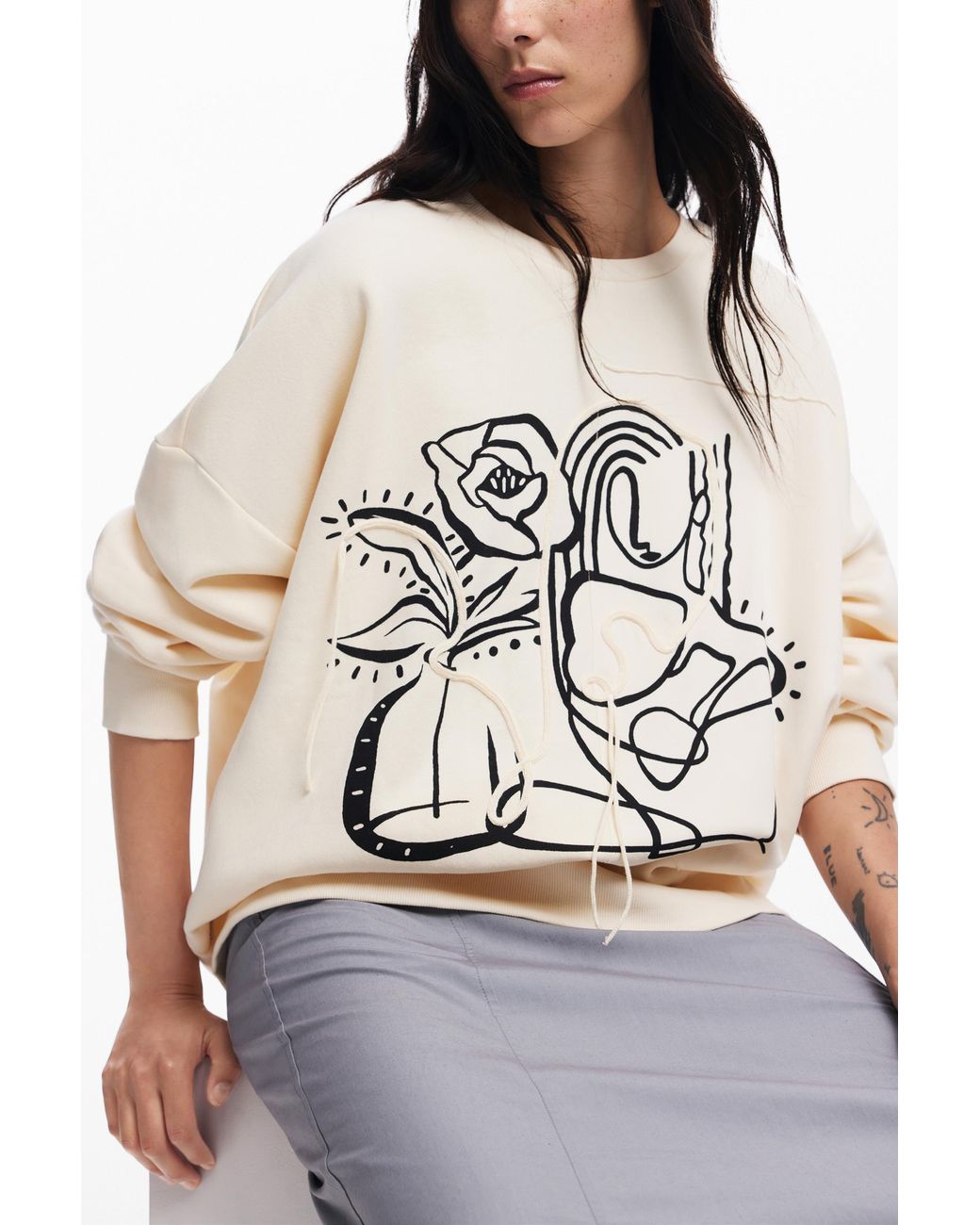 Desigual White Oversized Floral Sweatshirt, Cotton