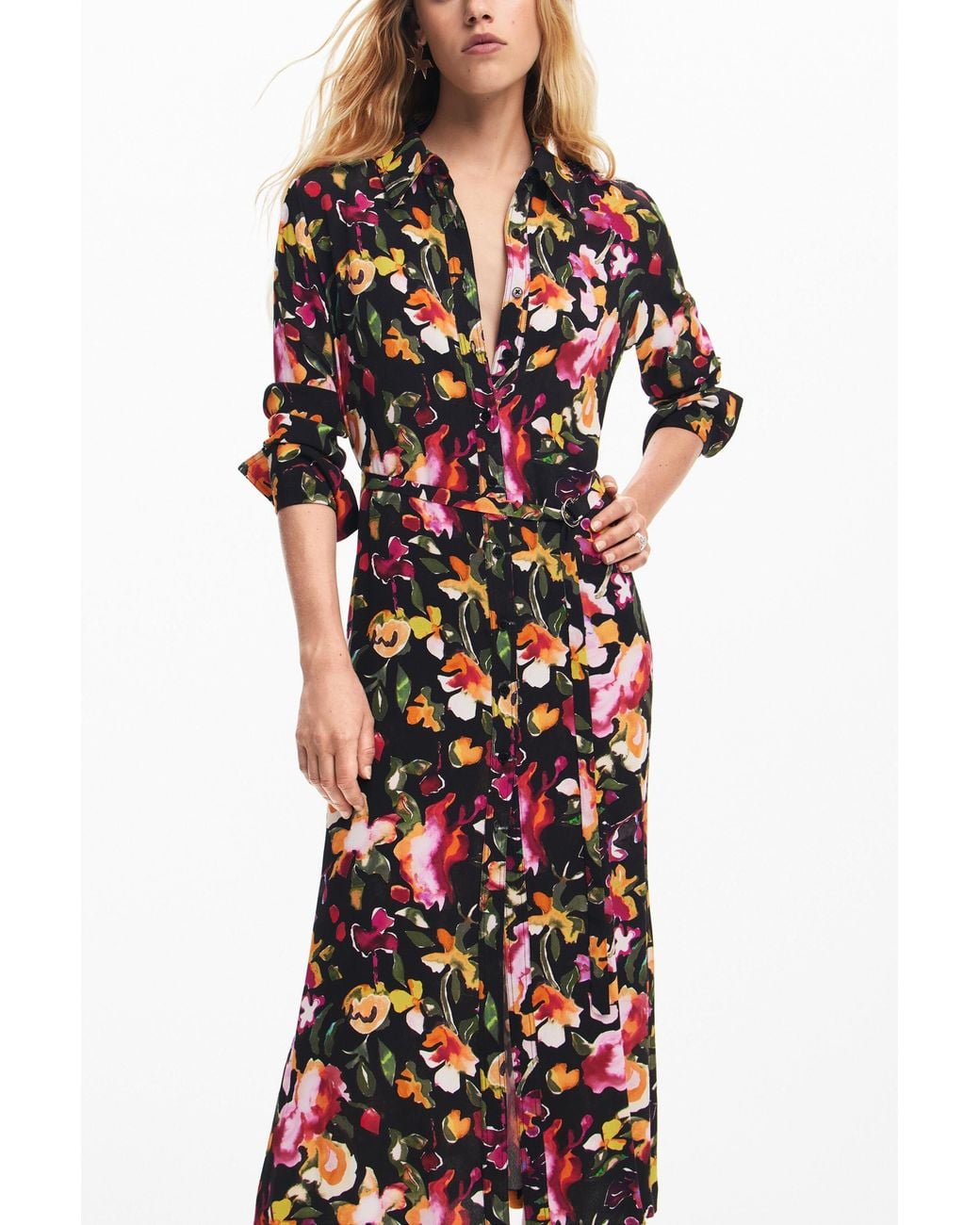 Desigual Red Floral Shirt Dress, Viscose