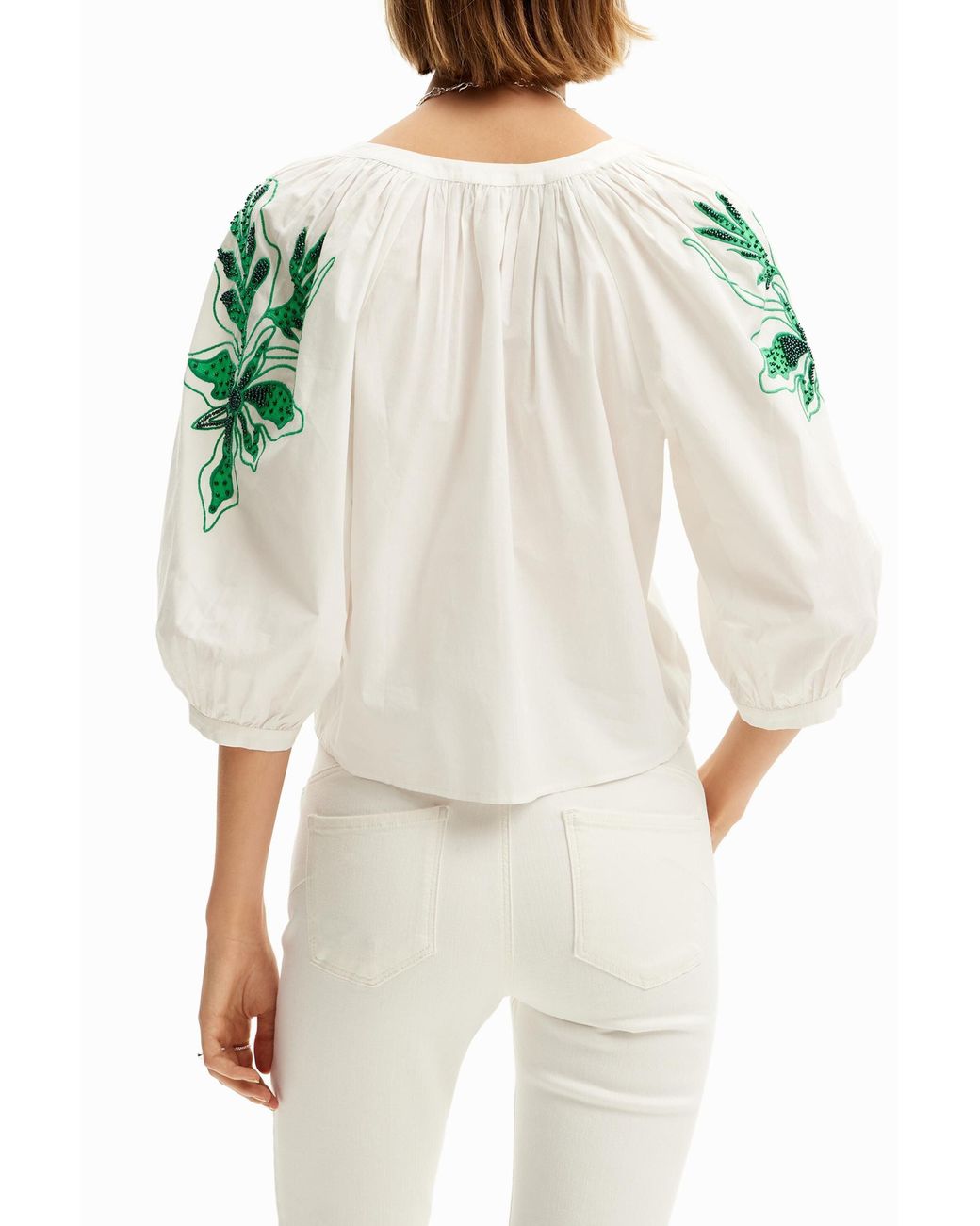 Desigual White V-Neck Embroidered Blouse, Cotton