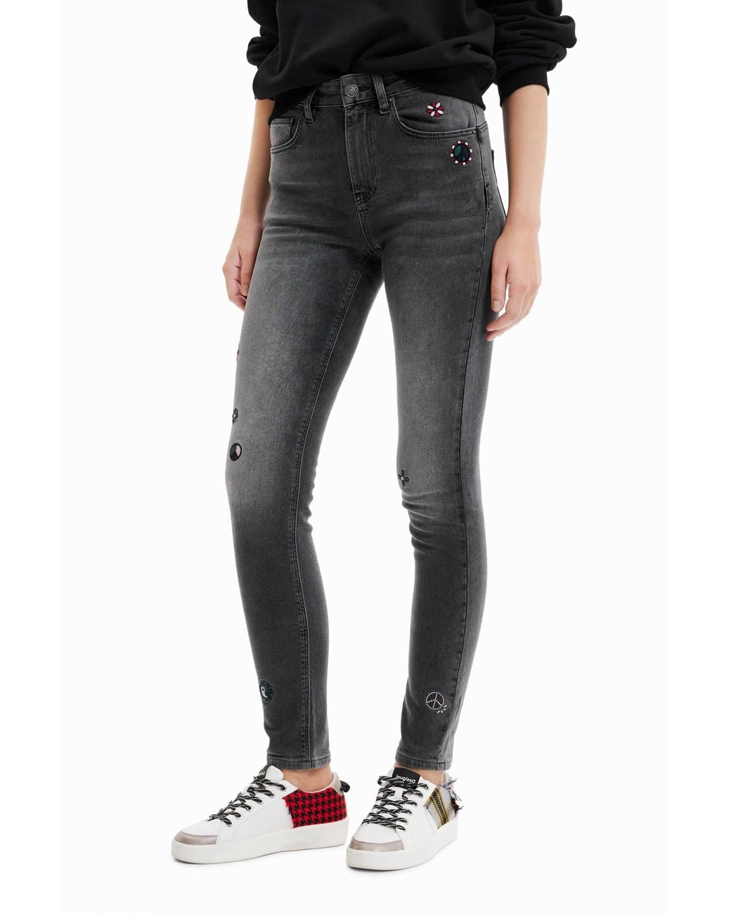 Desigual Gray Embroidered Skinny Push-Up Jeans, Cotton