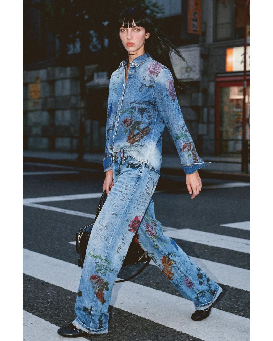 Desigual Blue Printed Straight Jeans, Cotton