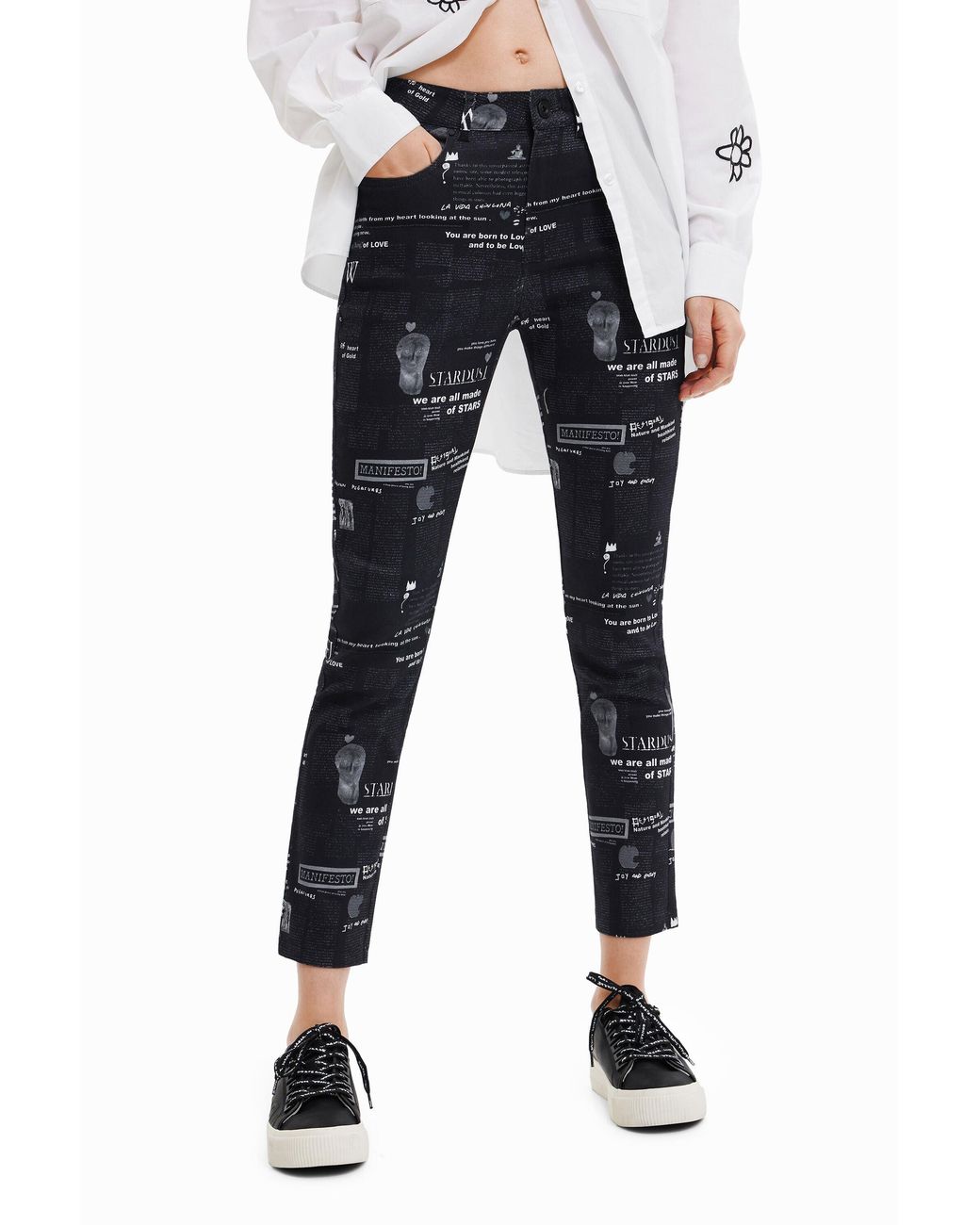 Desigual Black Newspaper Print Slim Trousers, Cotton