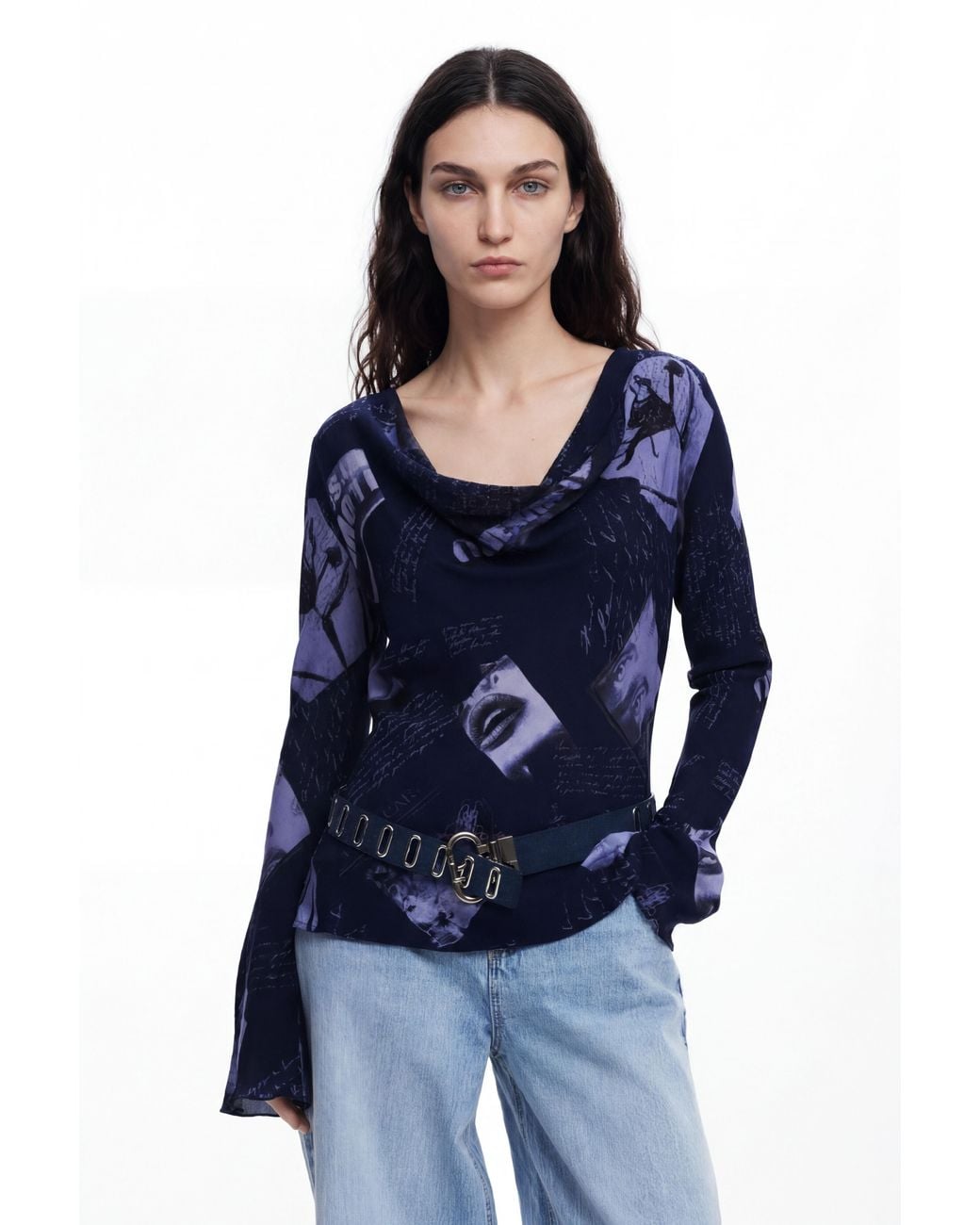 Desigual Blue Asymmetric Collage Blouse, Viscose