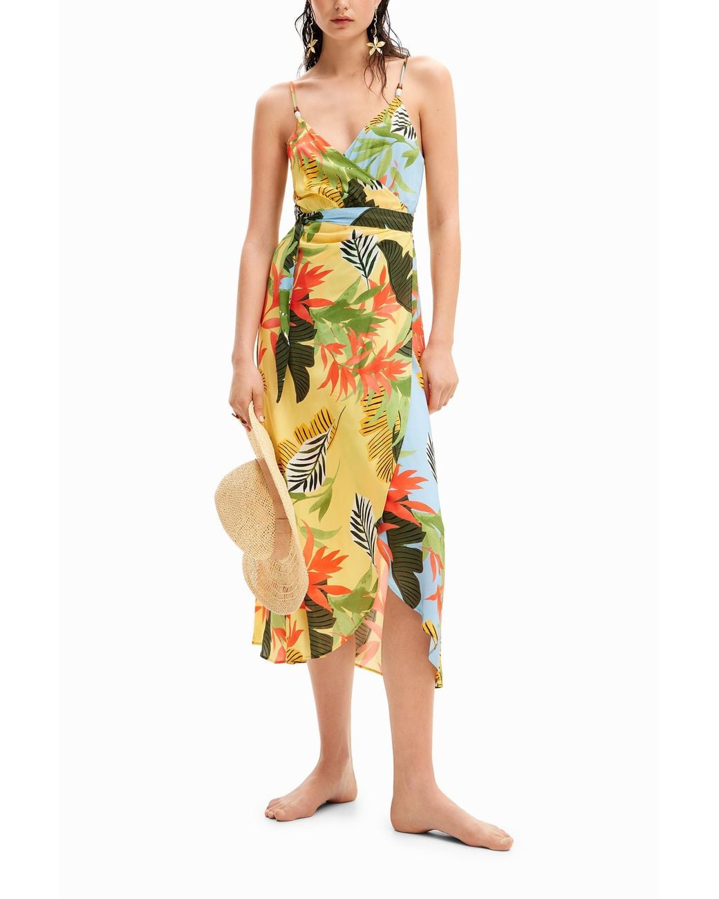 Desigual Yellow Tropical Wrap Midi Dress, Viscose