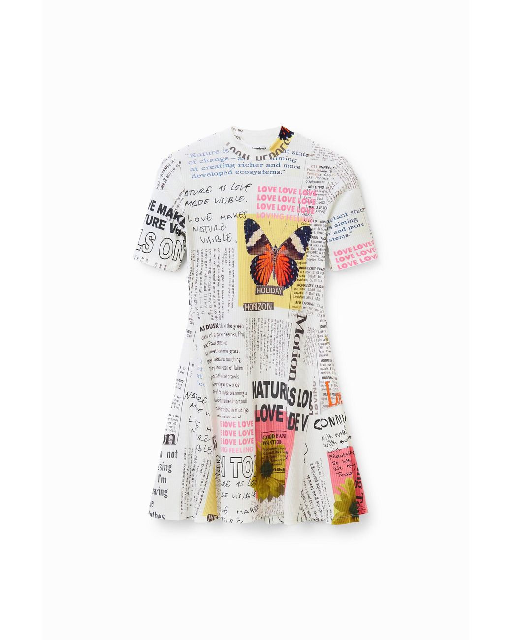 Desigual White Short Newspaper Skater Dress, Viscose
