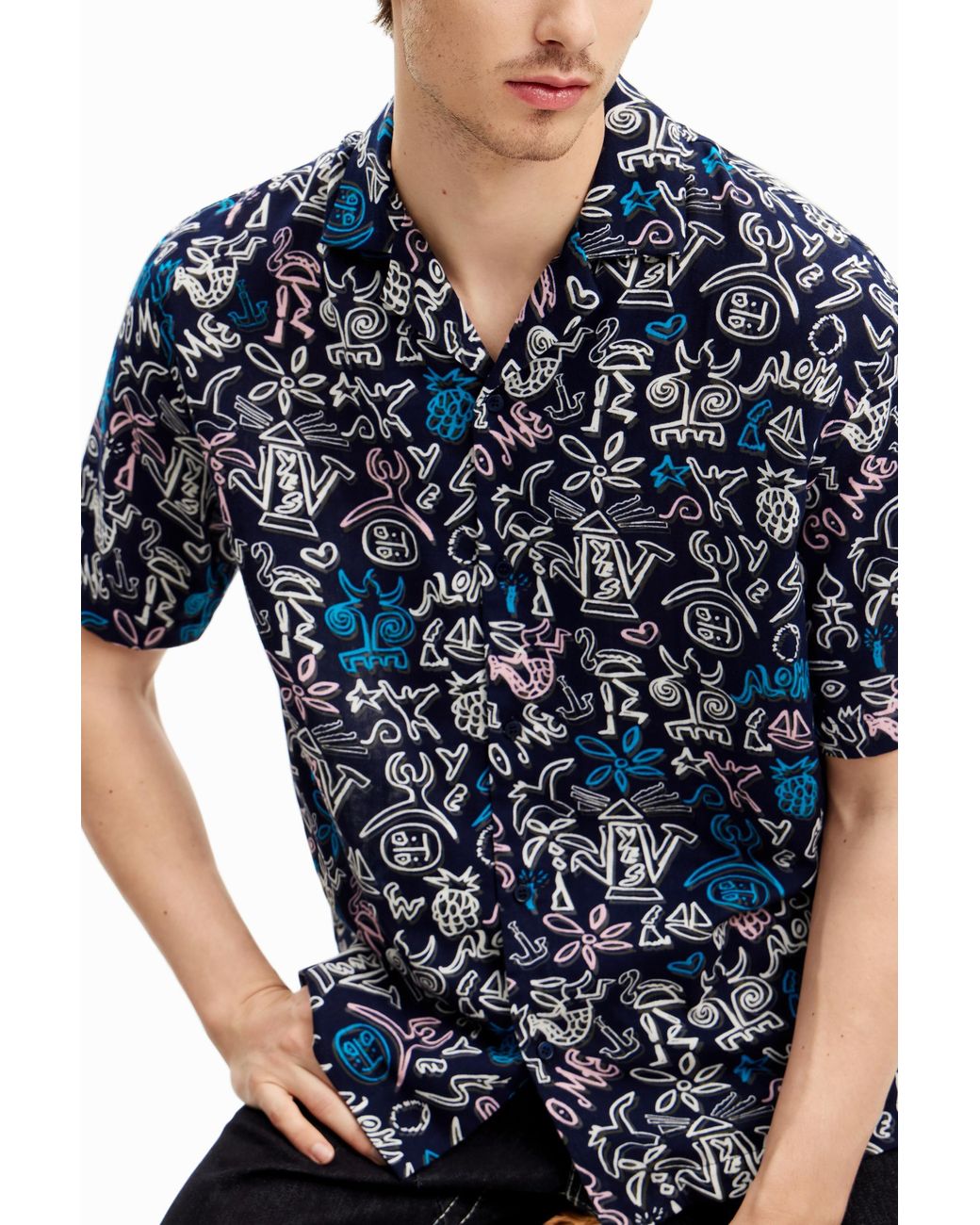 Desigual Blue Shirt With Contrasting Illustrations, Cotton for men
