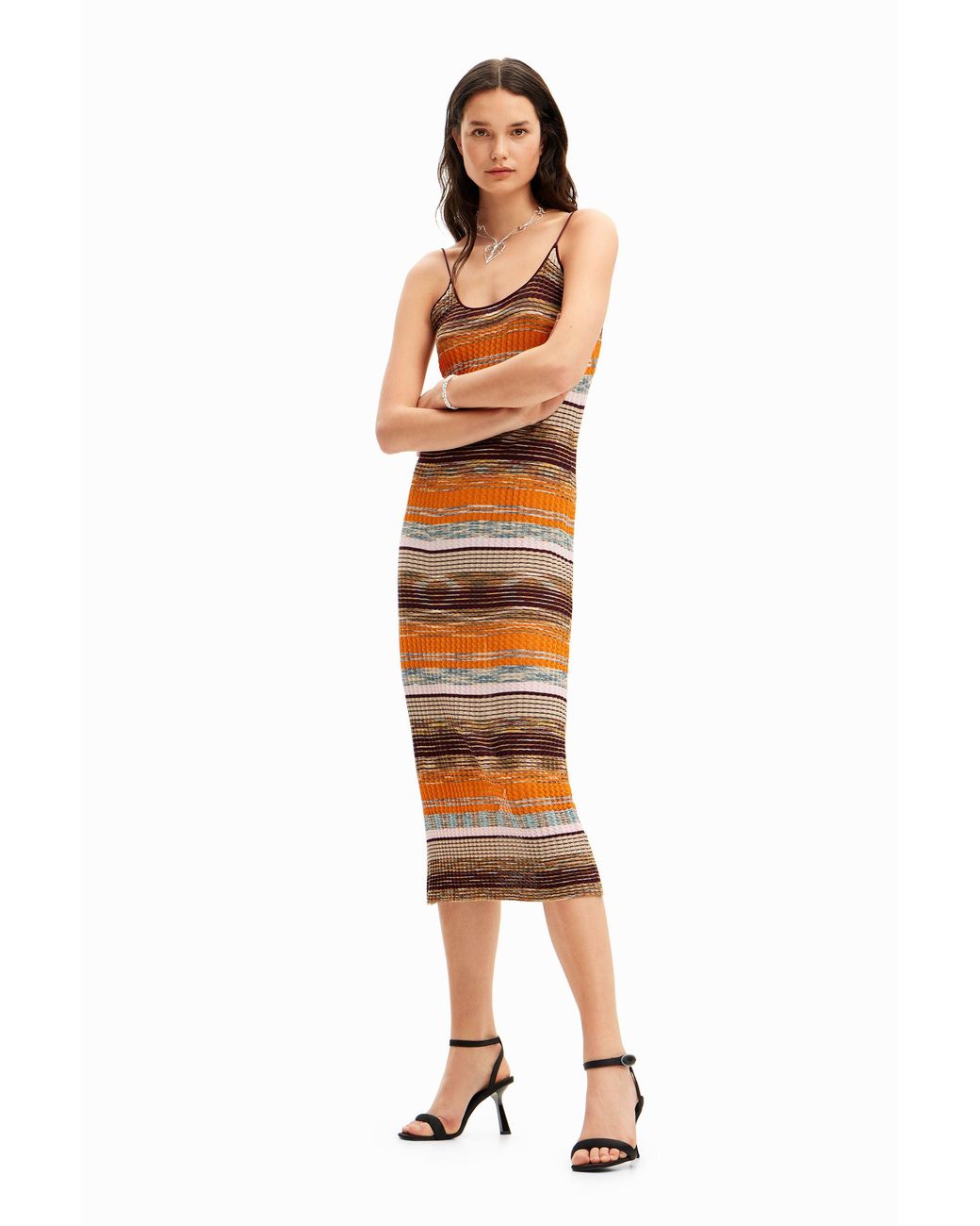 Desigual Orange Stripy Ribbed Midi Dress
