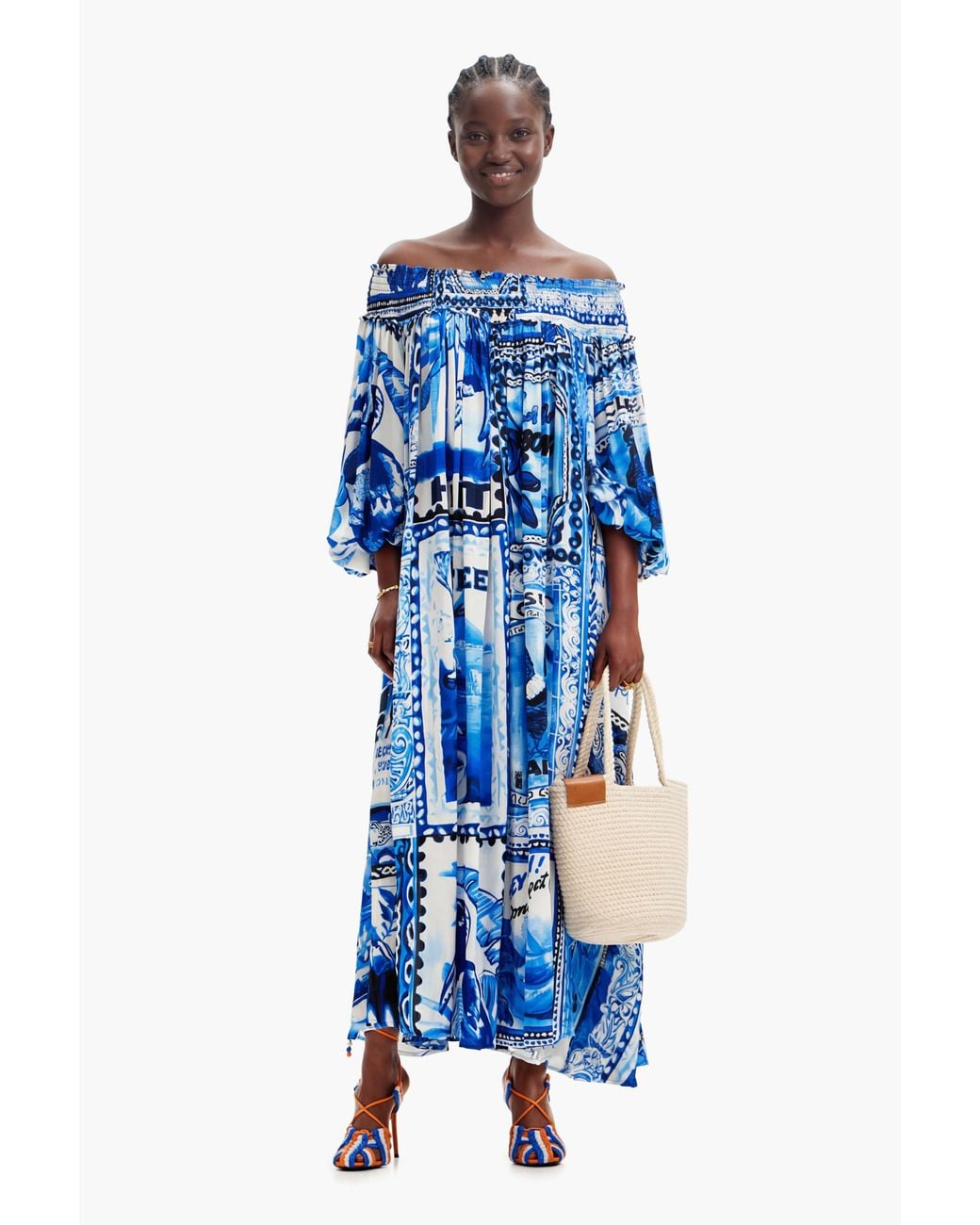 Desigual Blue Stella Jean Long Arty Postcard Dress, Viscose