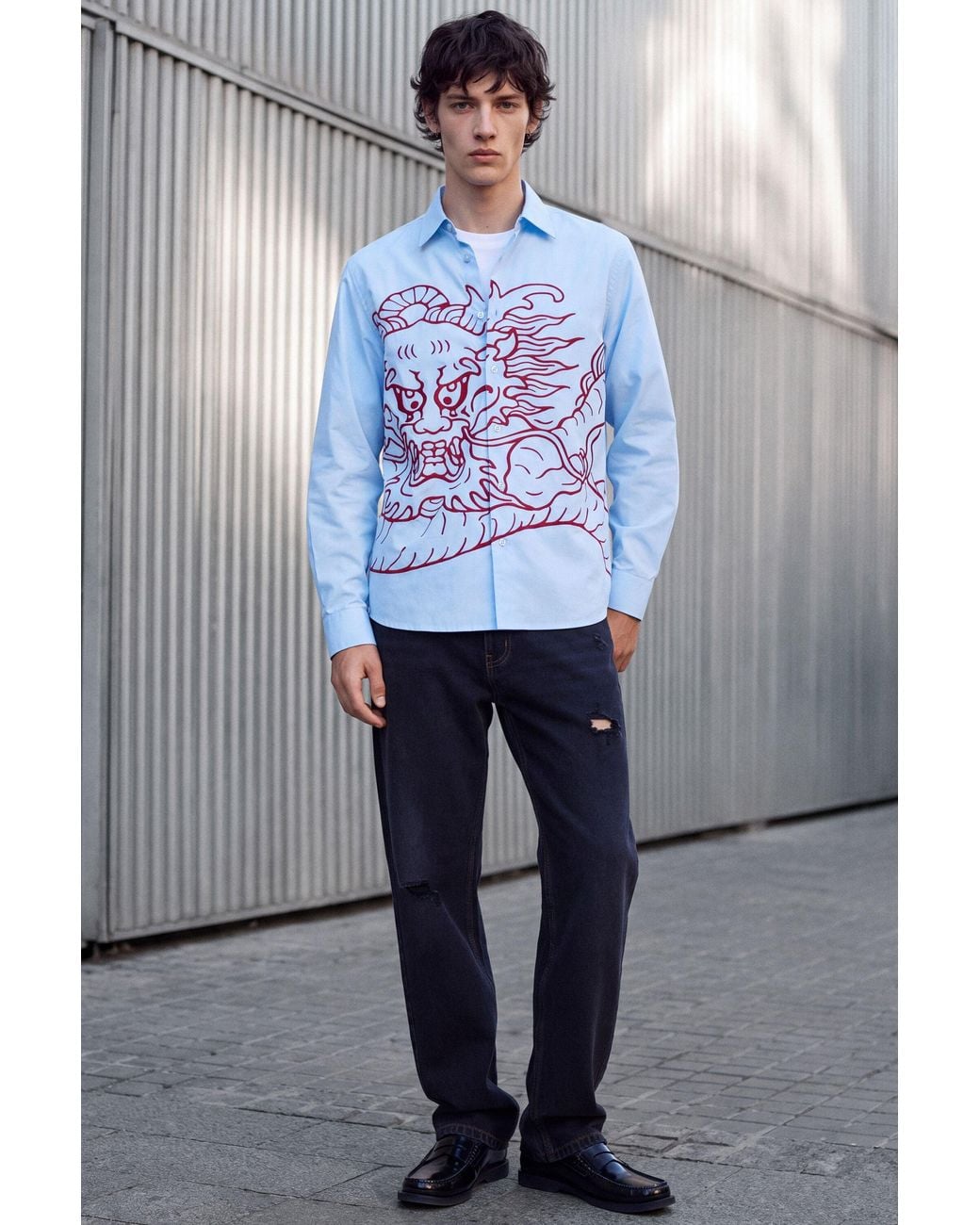 Desigual Blue Embroidered Dragon Shirt, Cotton for men