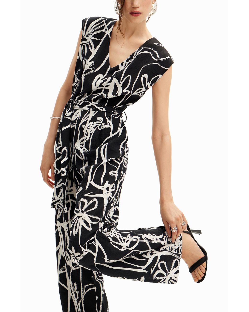 Desigual White Long Jumpsuit With Illustrated Flowers