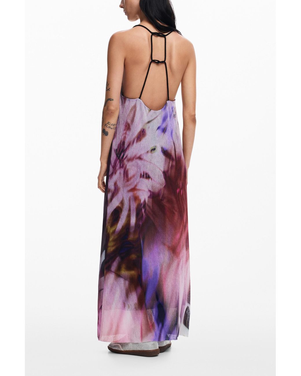 Desigual Purple Pleated Dress With Floral Print, Polyester