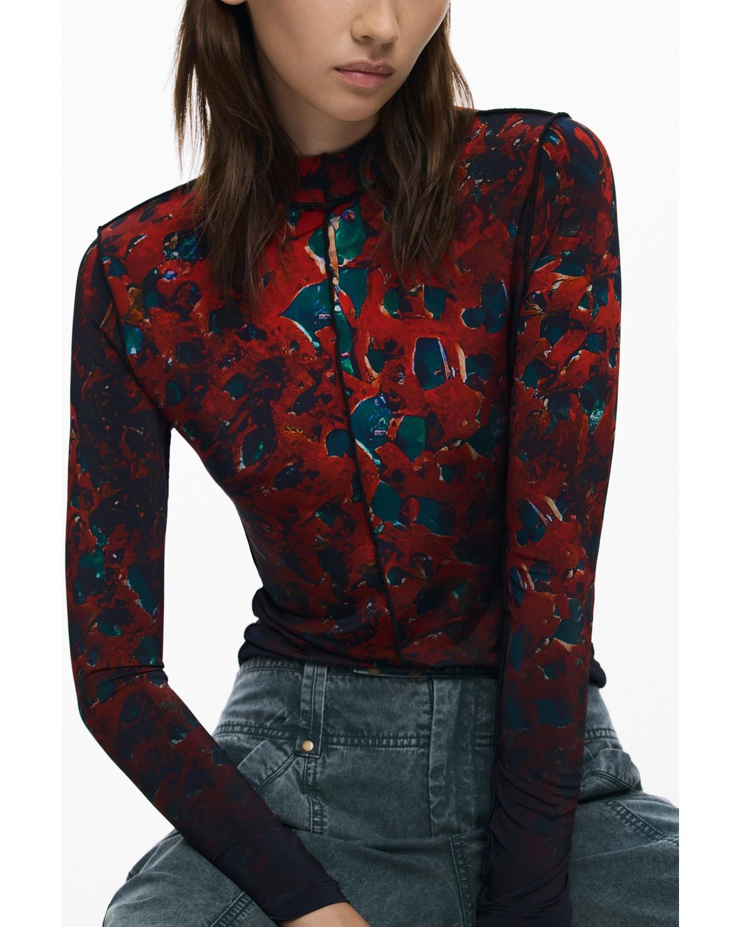 Desigual Red Leaf Stitching T-Shirt, Viscose