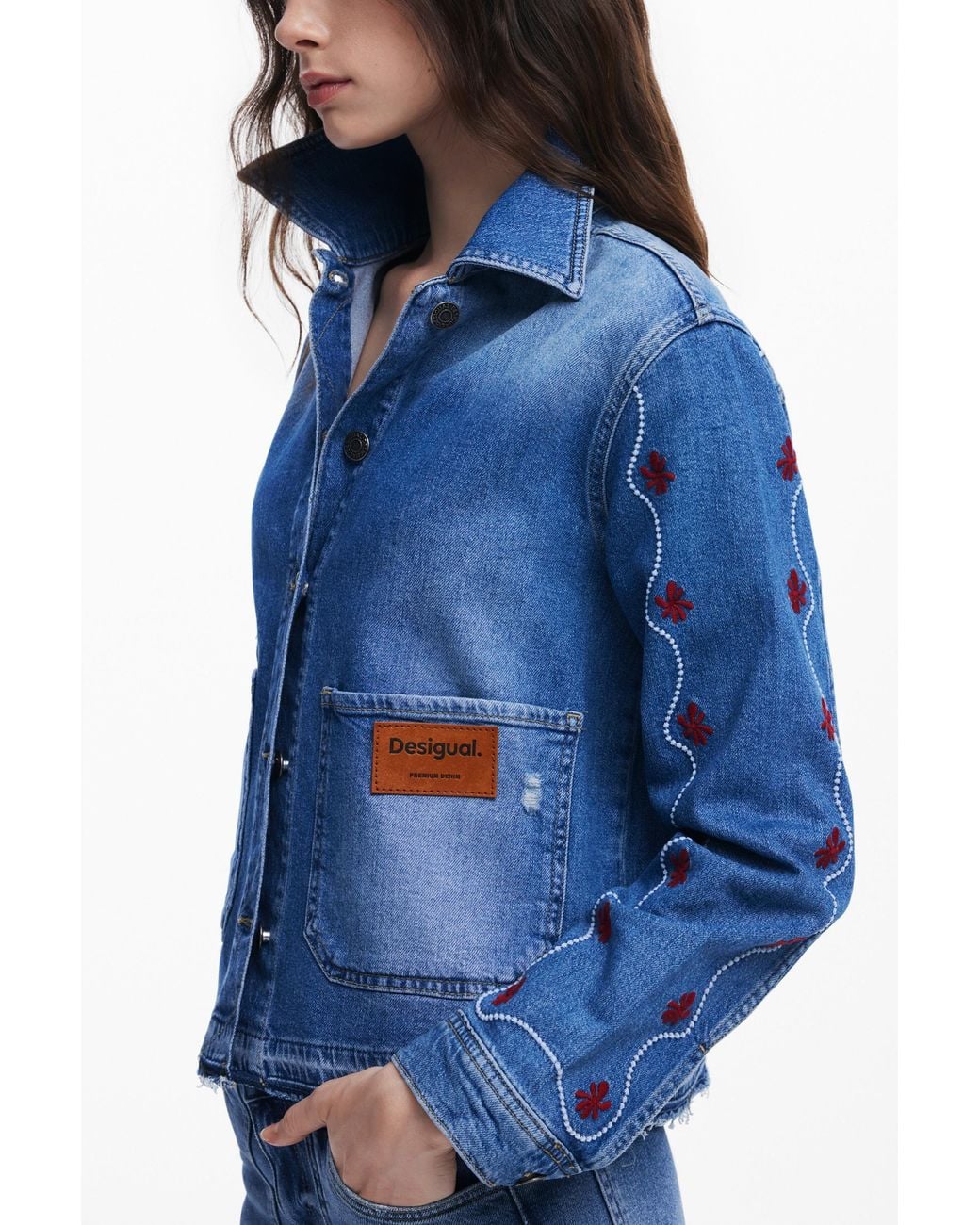 Desigual Blue Floral Denim Jacket, Cotton
