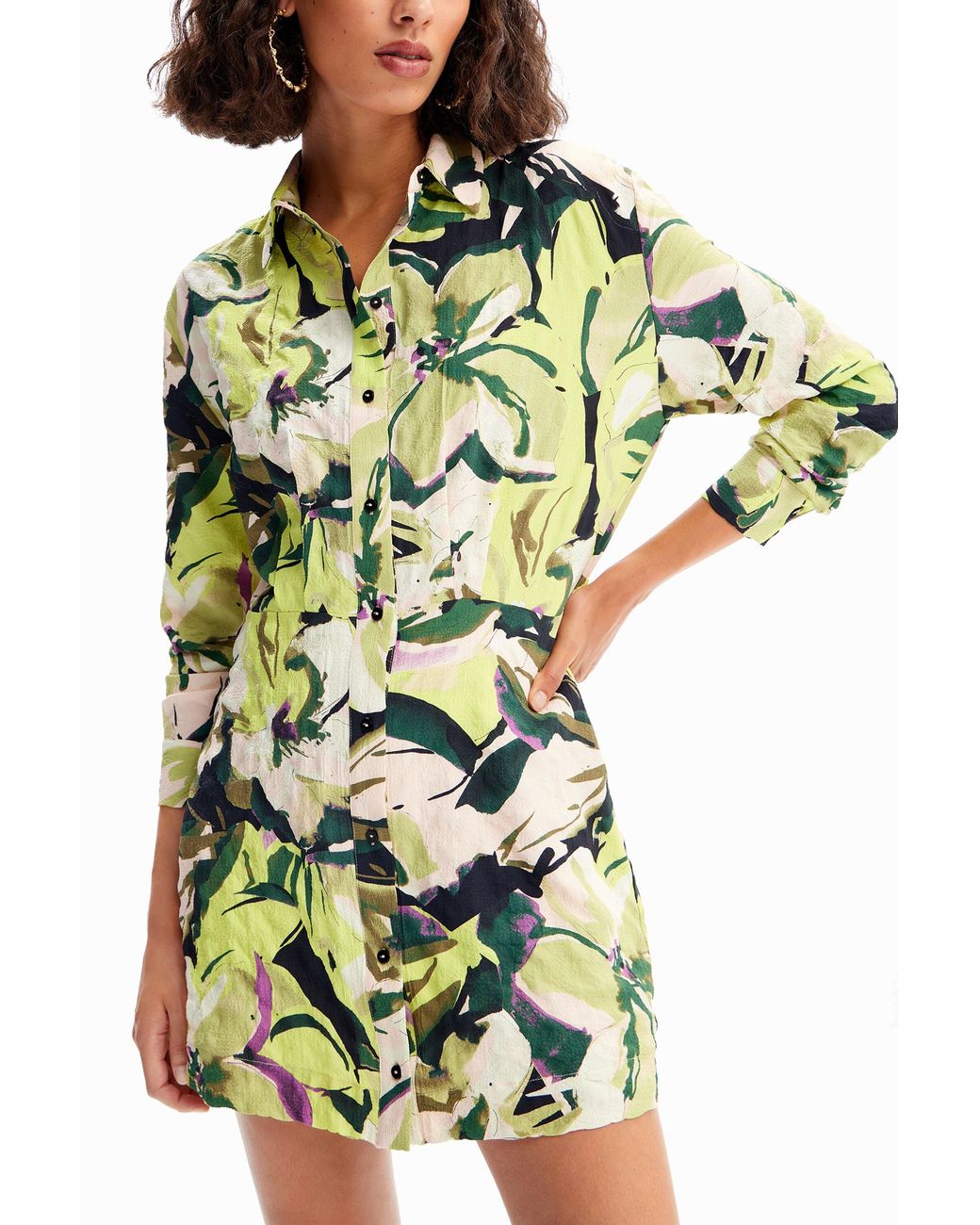 Desigual White Short Floral Shirt Dress, Polyester