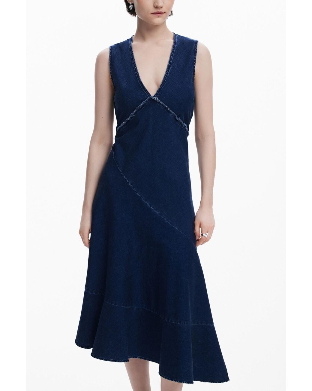 Desigual Blue Asymmetric Denim Midi Dress, Cotton