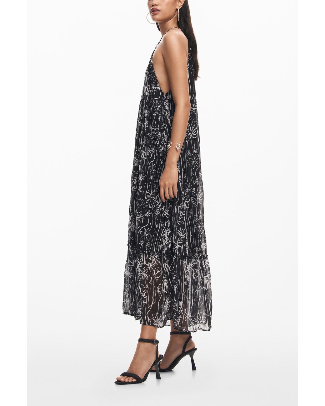 Desigual Black Halter Dress With Floral Illustrations, Polyester