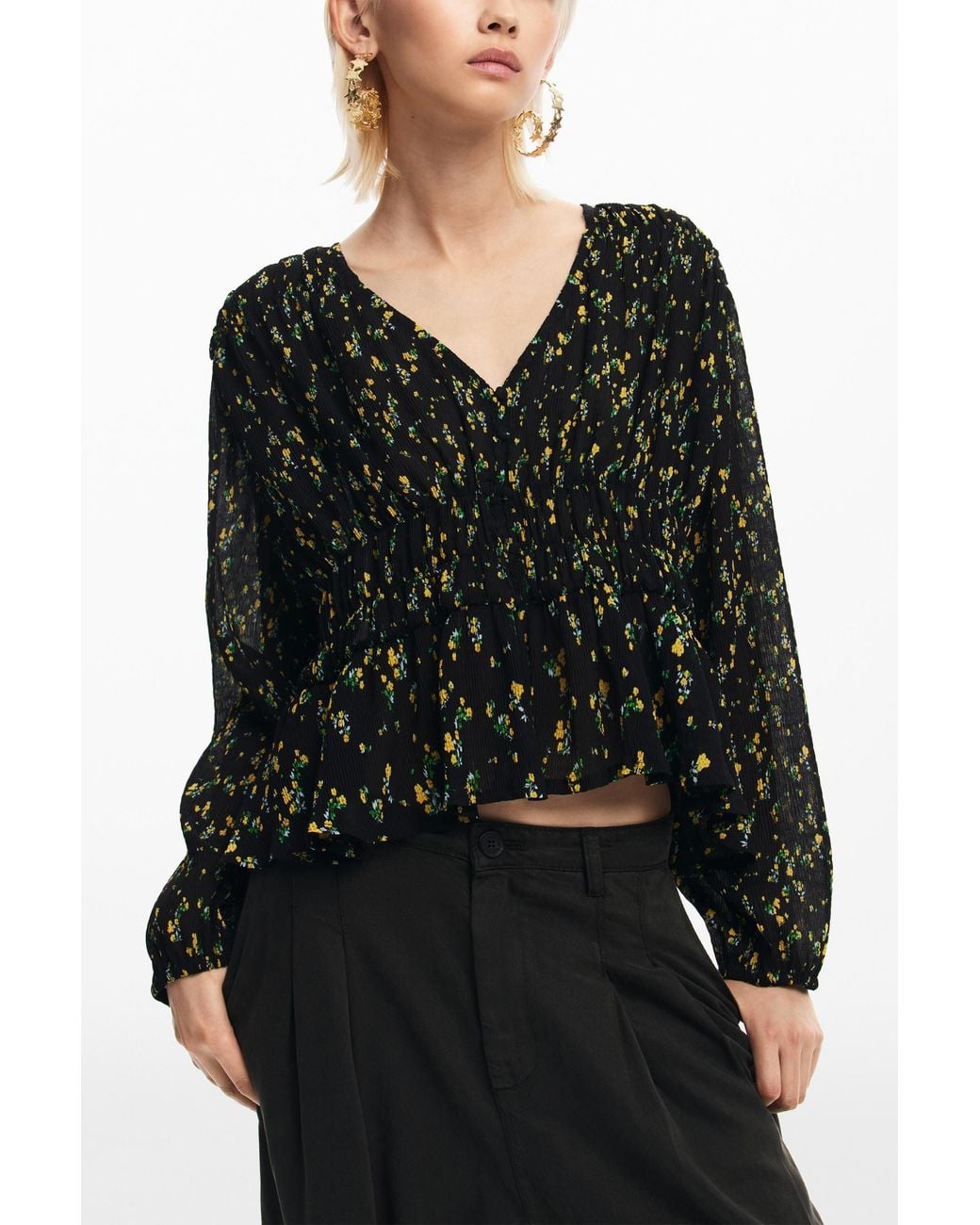 Desigual Black Floral Print Blouse, Polyester