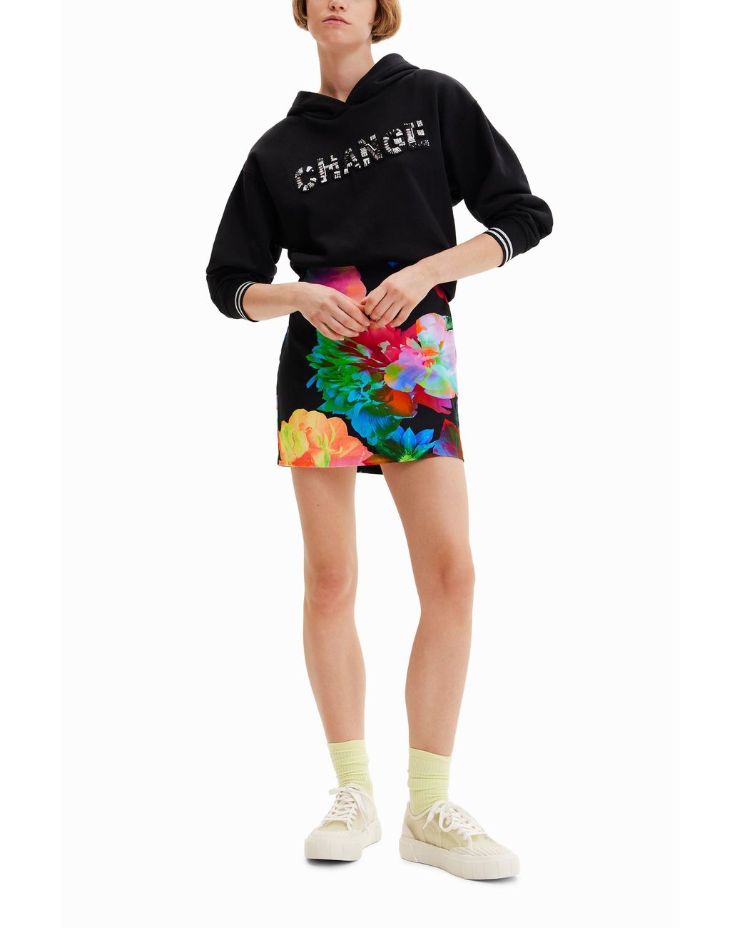 Desigual Black Slim Floral Mini Skirt, Cotton