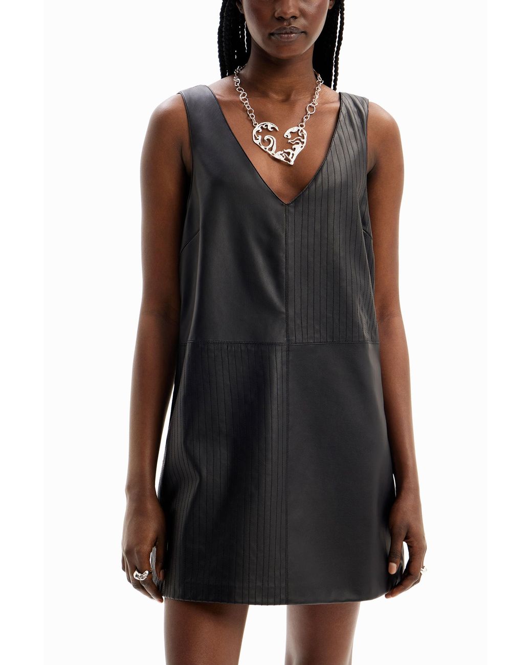 Desigual Black Leather-Effect Pinafore Dress, Polyurethane