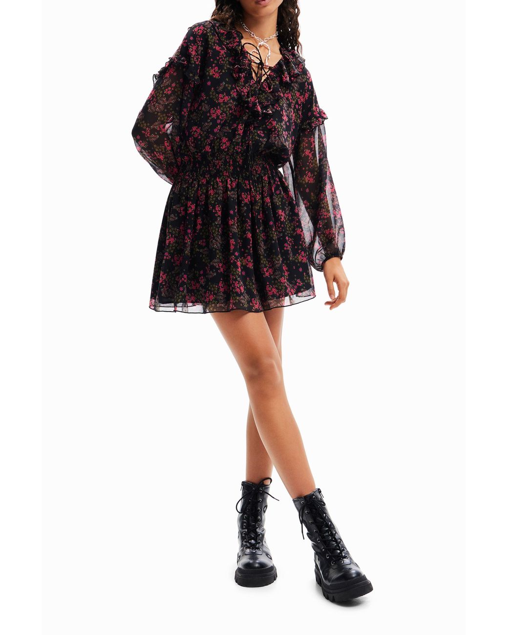 Desigual Purple Short Floral Chiffon Dress, Polyester