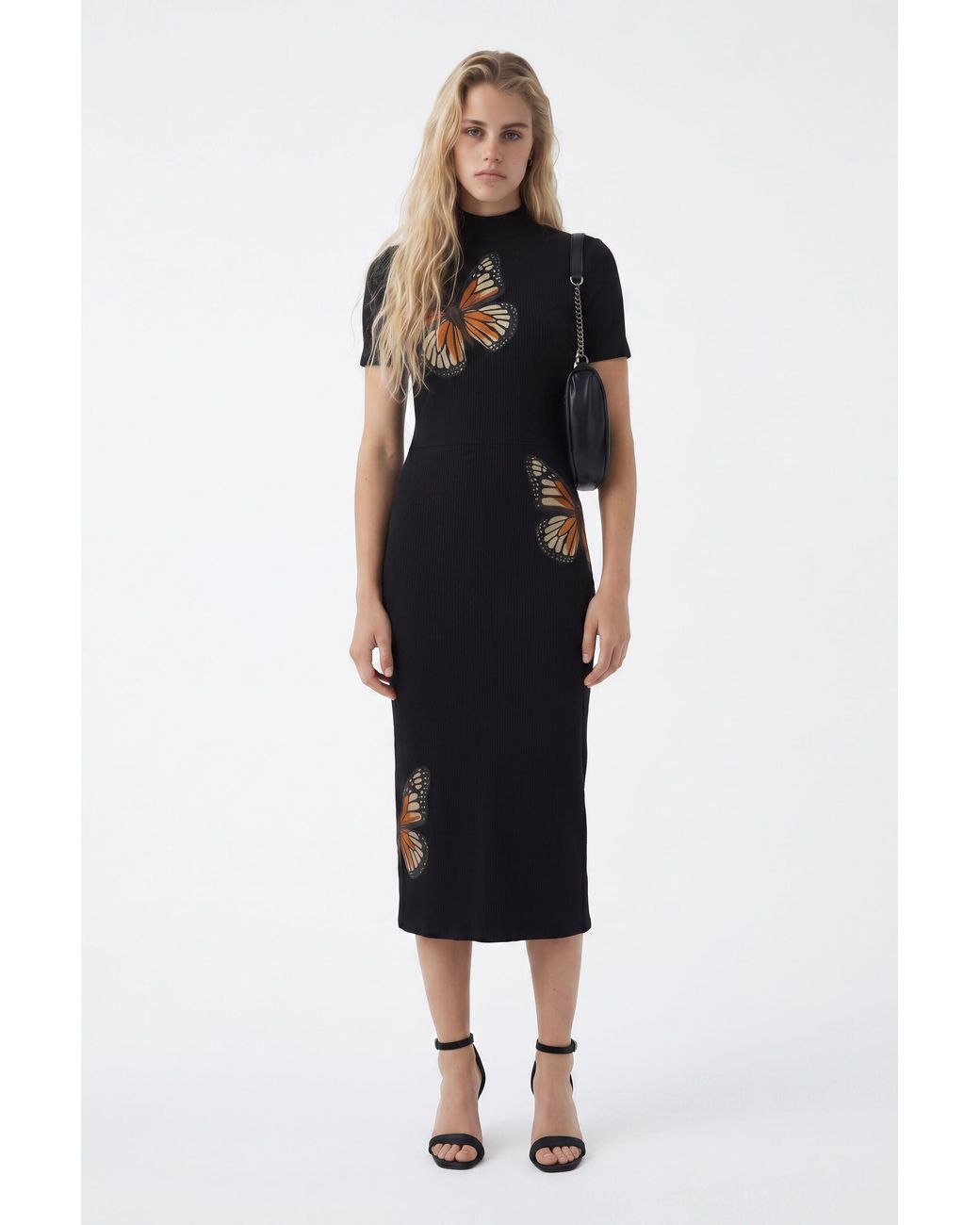 Desigual Black Slim Midi Butterfly Dress, Viscose