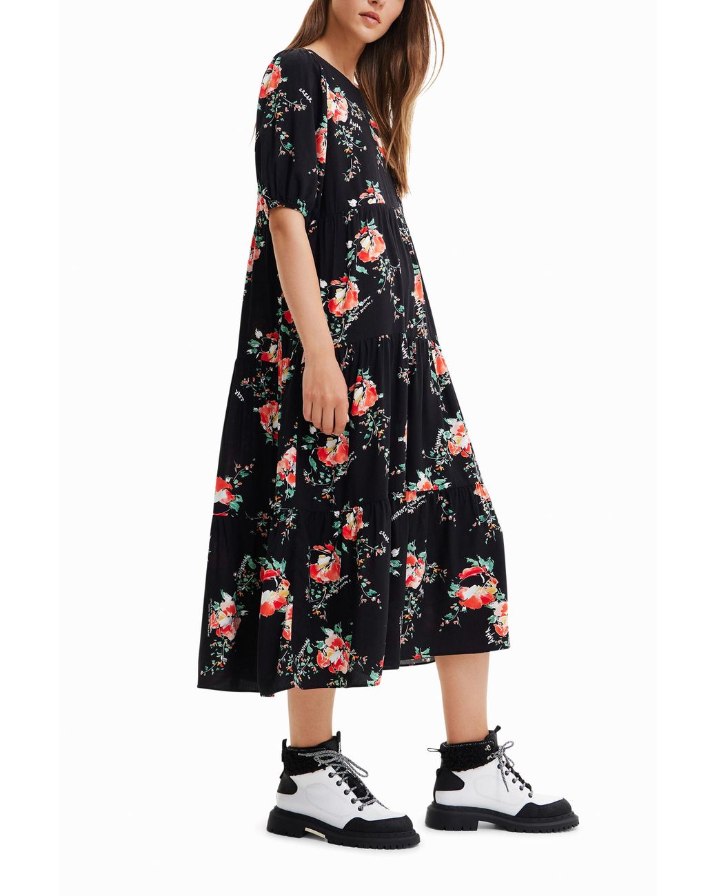 Desigual Black Floral Midi Dress, Viscose