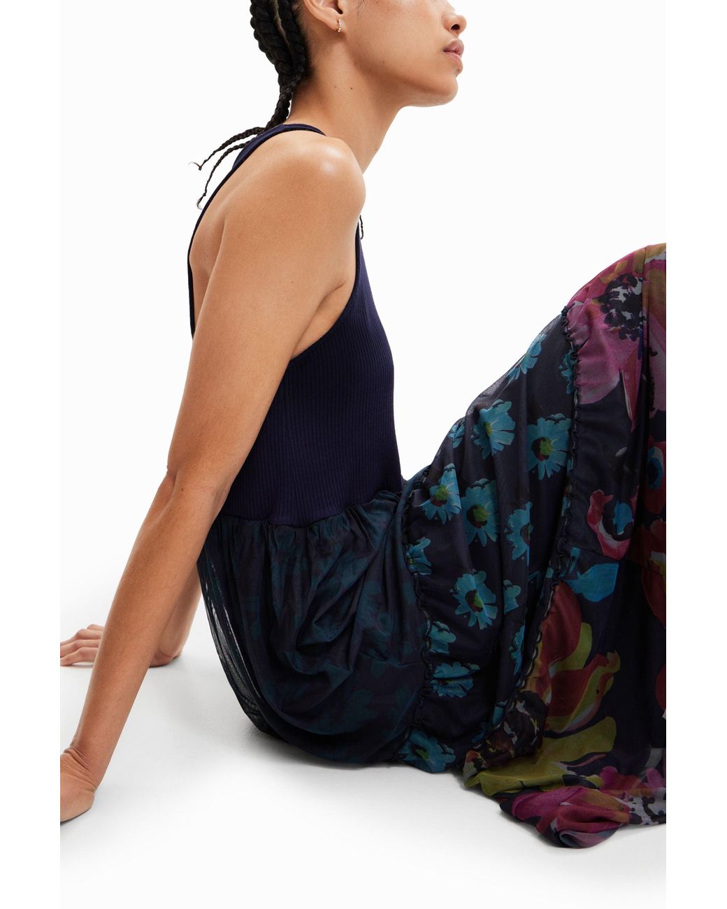 Desigual Blue Long Combination Tulle Dress
